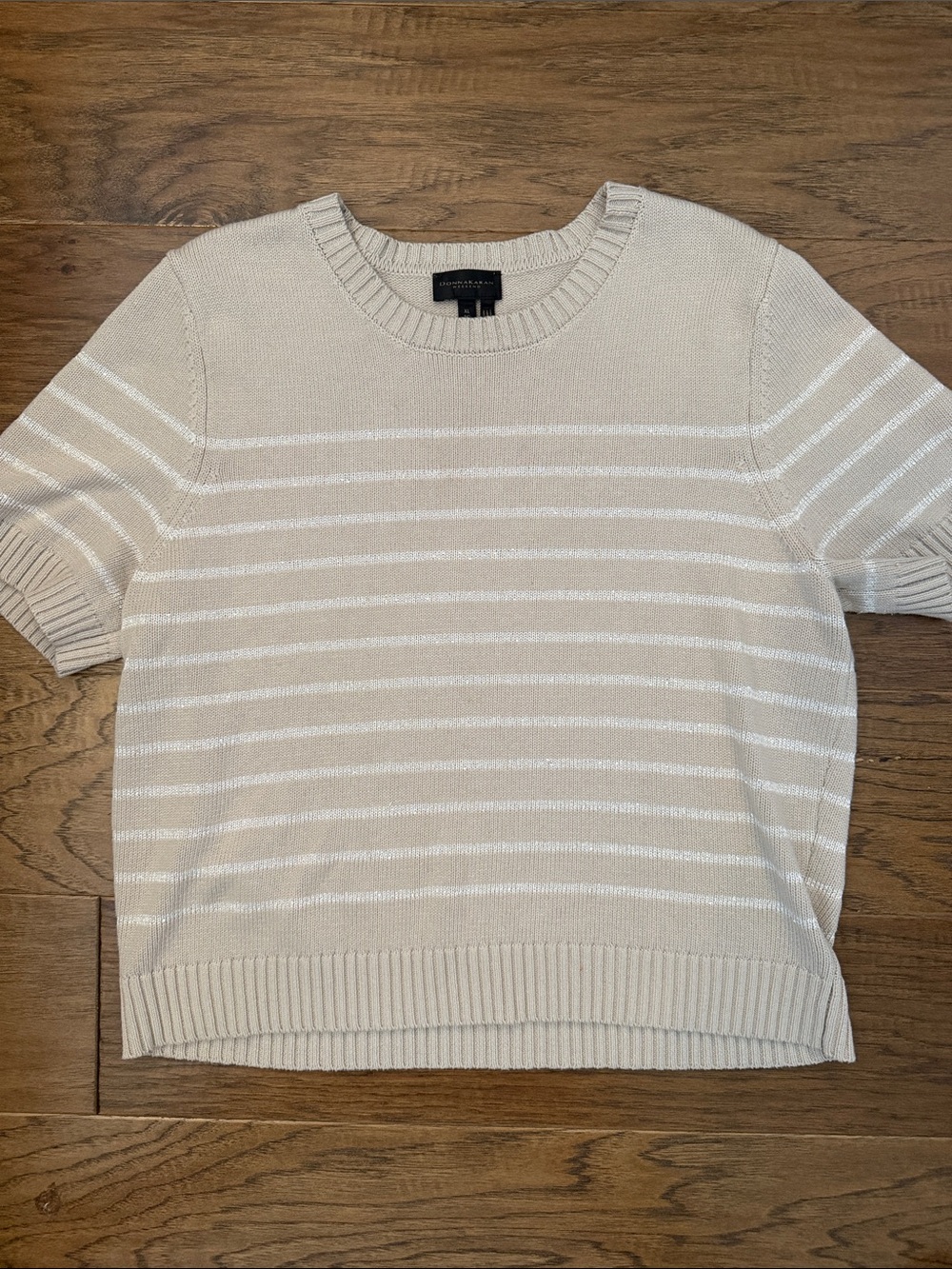 Donna Karan Weekend Tan/ Cream Striped Short Sleeve Knit Crewneck Sweater SZ XL